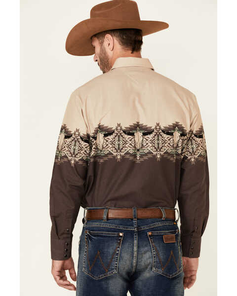 Image #4 - Panhandle Men's Brown Southwestern Longhorn Border Print Long Sleeve Snap Western Shirt , , hi-res