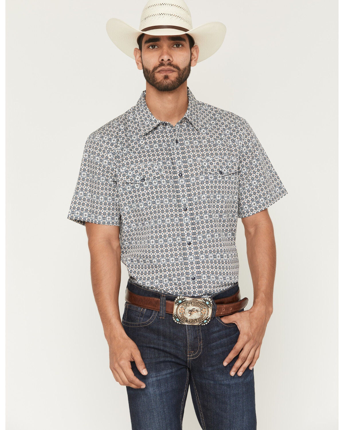 Gibson Trading Co Men's haven Geo Print Short Sleeve Snap Western Shirt - Big, Light Blue, hi-res