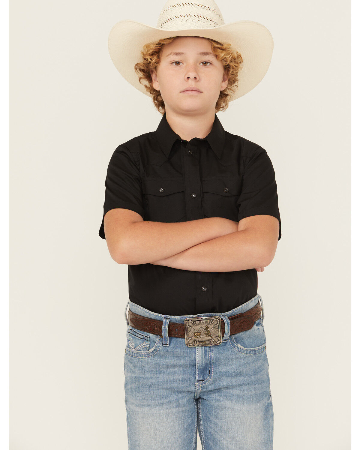 Image #1 - Gibson Trading Co Boys' Solid Short Sleeve Snap Stretch Western Shirt, Black, hi-res
