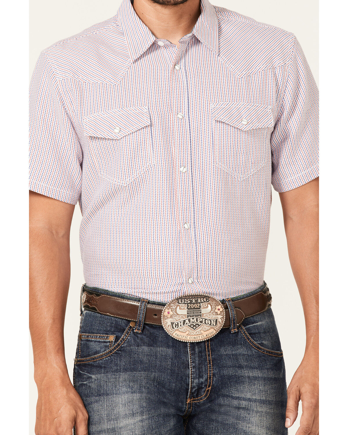 Image #3 - Cody James Men's Redfield Dobby Stripe Print Short Sleeve Snap Western Shirt, White, hi-res