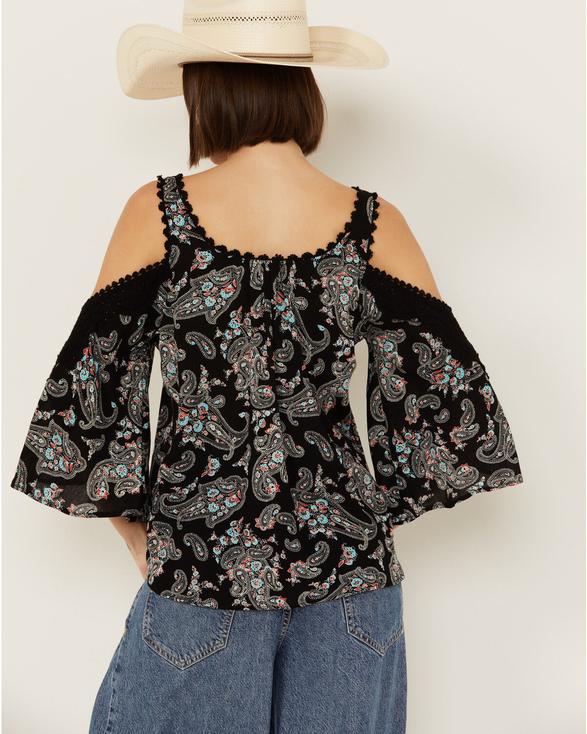 Image #4 - Wild Moss Women's Paisley Print Crochet Cold Shoulder Top, Black, hi-res