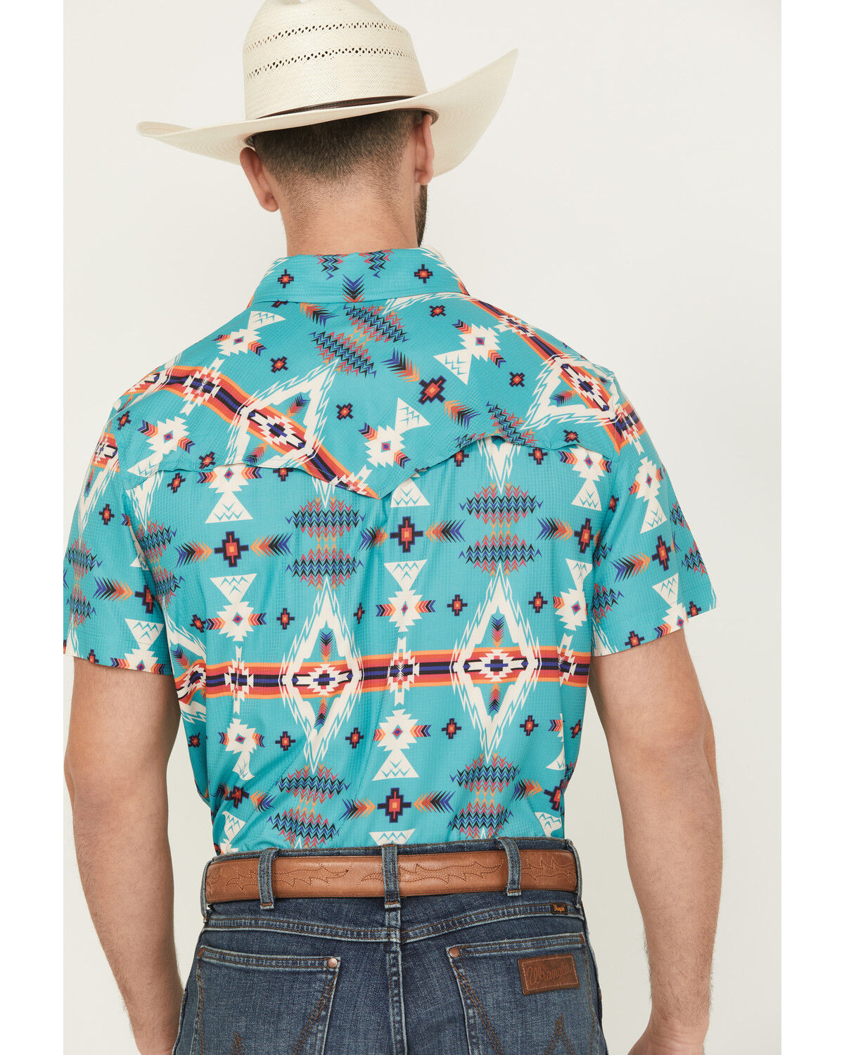 Image #4 - Panhandle Men's Boot Barn Exclusive TEK Southwestern Print Short Sleeve Performance Western Shirt, Turquoise, hi-res