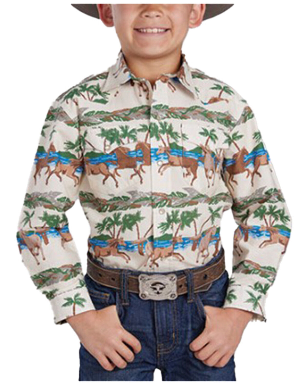 Image #1 - Roper Boys' Beach Horses Printed Long Sleeve Pearl Snap Western Shirt, Tan, hi-res