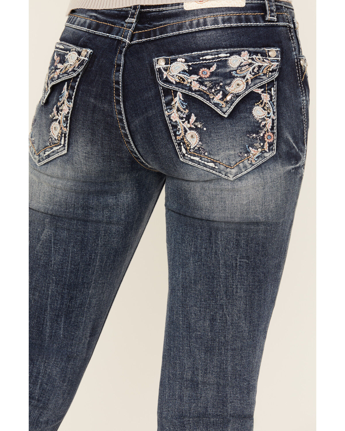 Image #2 - Grace In LA Women's Medium Wash Floral Paisley Embroidered Mid Rise Bootcut Stretch Denim Jeans, Medium Wash, hi-res