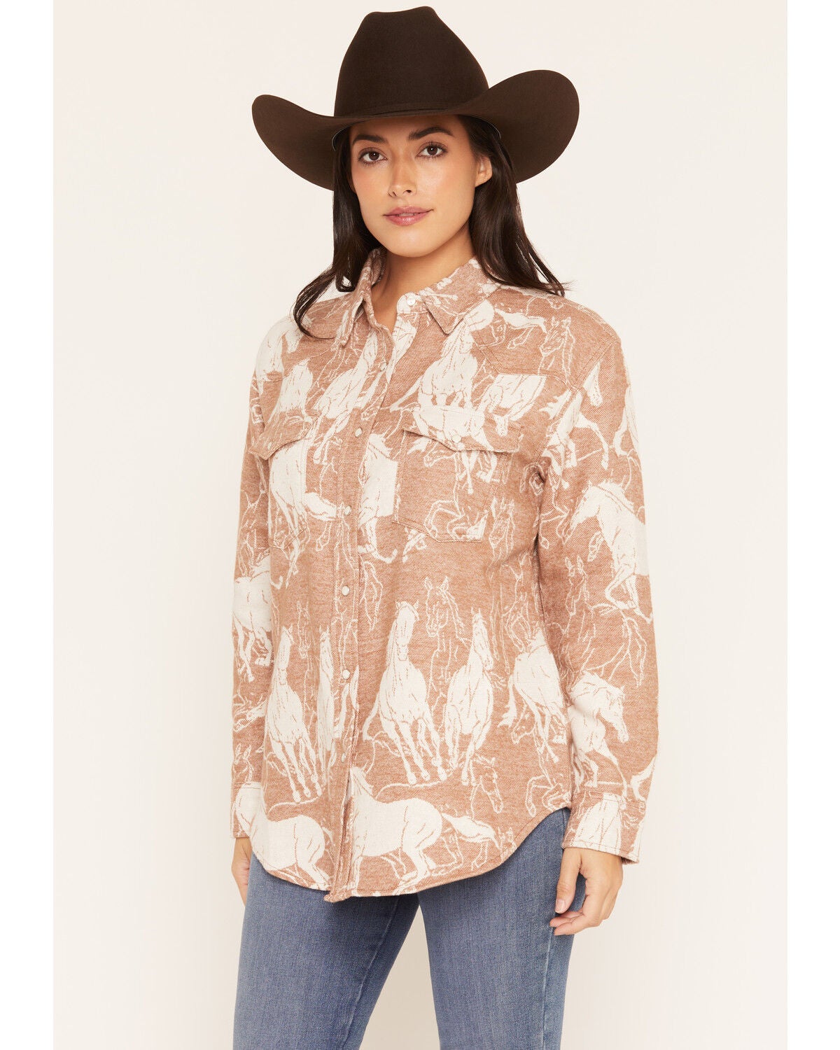 Image #1 - Wrangler Retro Women's Running Horses Long Sleeve Snap Boyfriend Shirt, Brown, hi-res