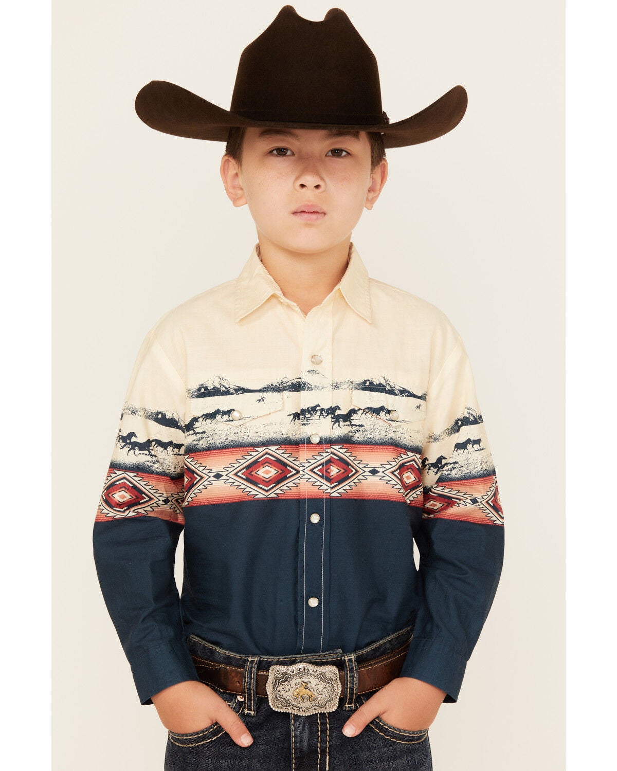 Roper Boys' Vintage Running Horses Boarder Long Sleeve Snap Western Shirt, Ivory, hi-res
