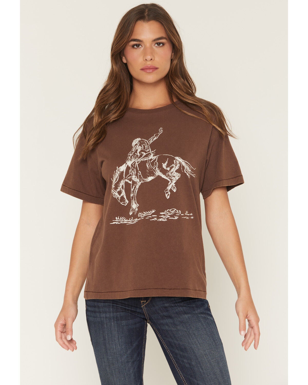 Image #1 - Shyanne Women's Cowboy Horse Short Sleeve Boyfriend Graphic Tee, Brown, hi-res