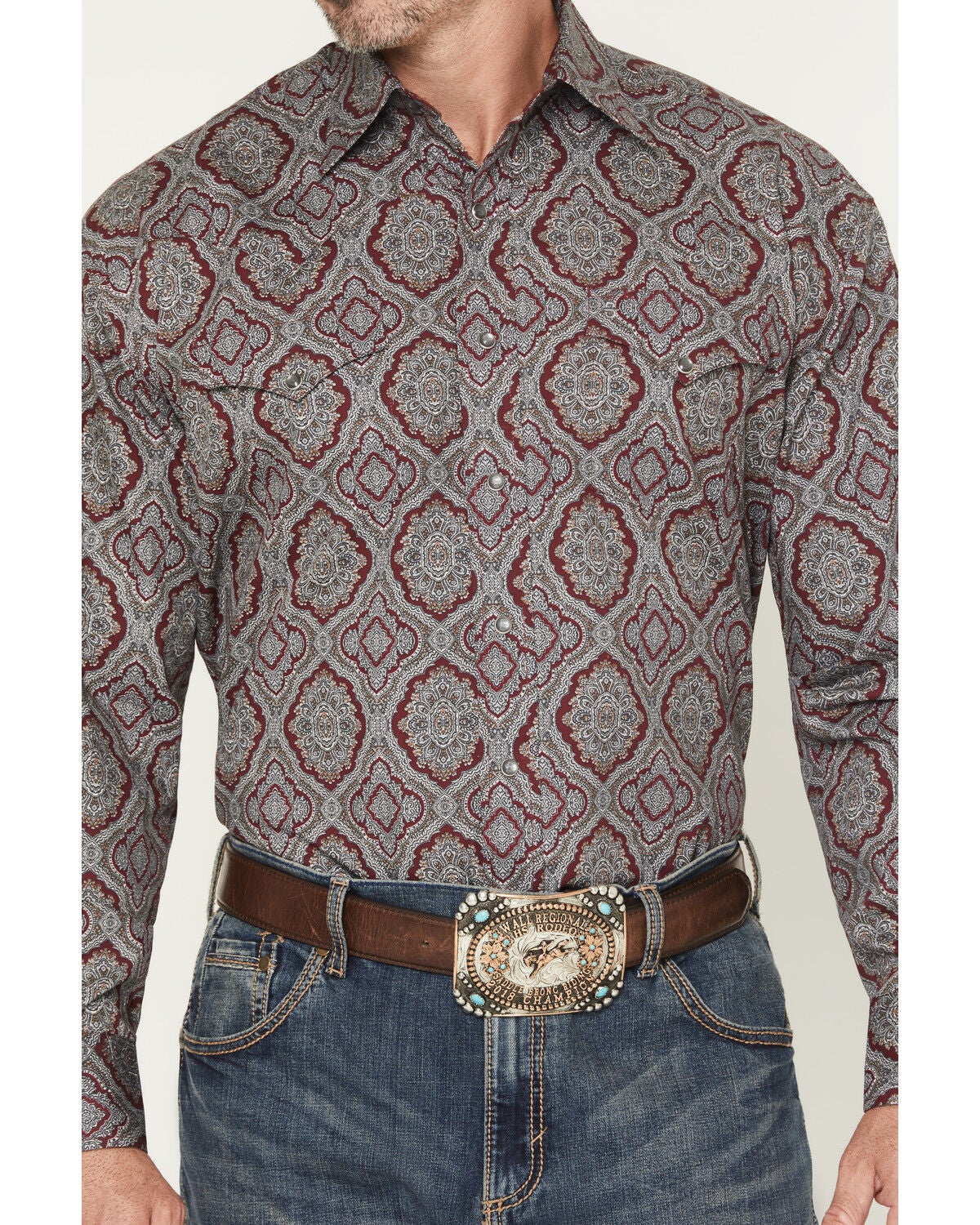 Image #3 - Stetson Men's Medallion Print Long Sleeve Snap Western Shirt, Wine, hi-res