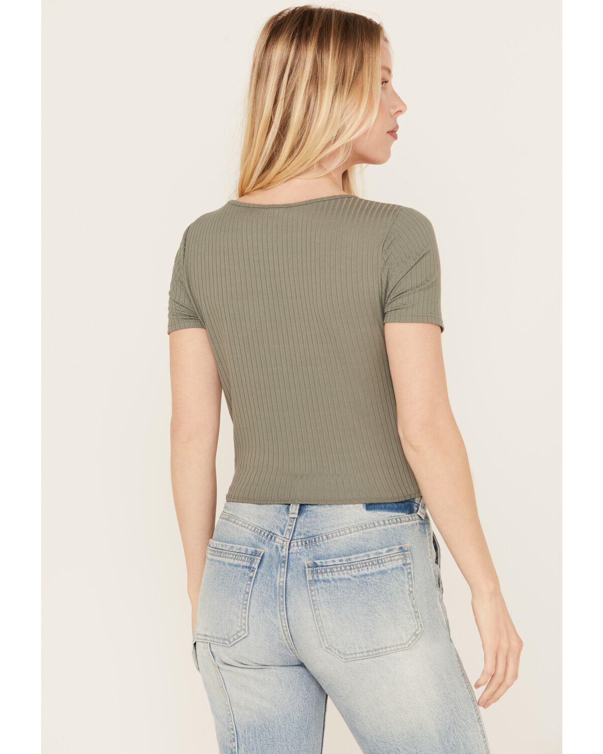 Image #4 - Moa Moa Women's Ribbed Corset Style Short Sleeve Top, Sage, hi-res