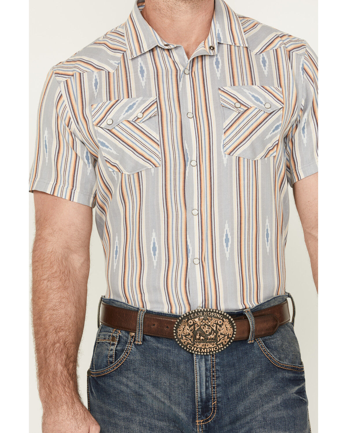 Image #3 - Panhandle Men's Southwestern Striped Short Sleeve Snap Western Shirt, Grey, hi-res