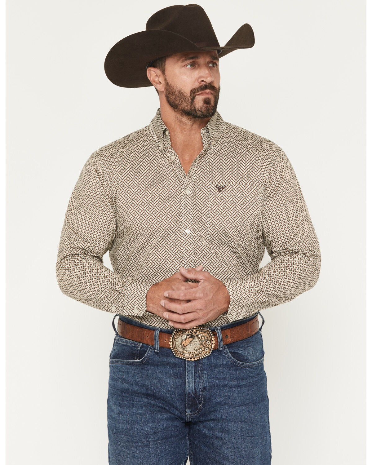 Image #1 - Cowboy Hardware Men's Basket Weave Geo Print Long Sleeve Button-Down Stretch Western Shirt, Tan, hi-res