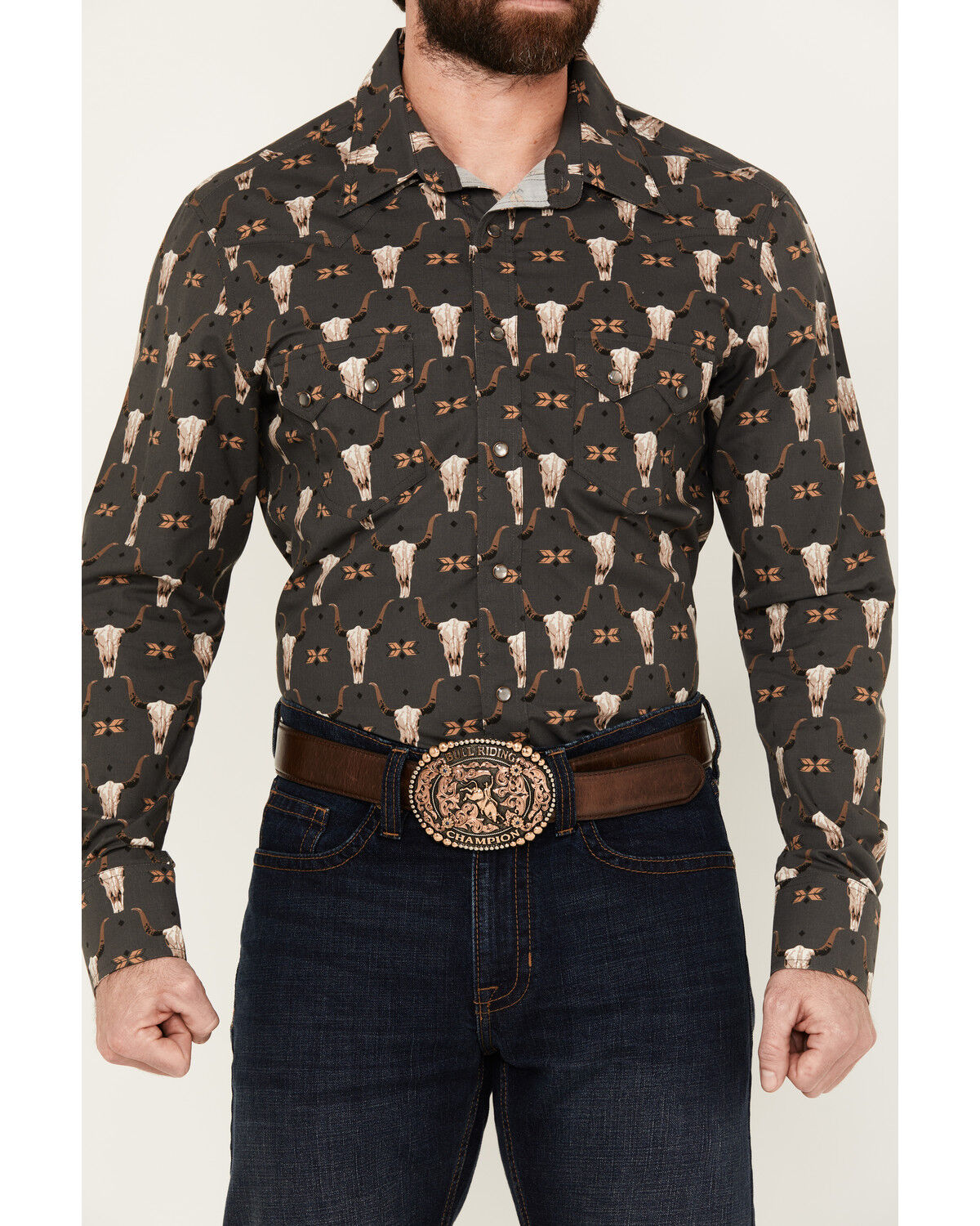 Image #3 - Rock & Roll Denim Men's Vintage '46 Steer Head Print Long Sleeve Pearl Snap Western Shirt, Black, hi-res