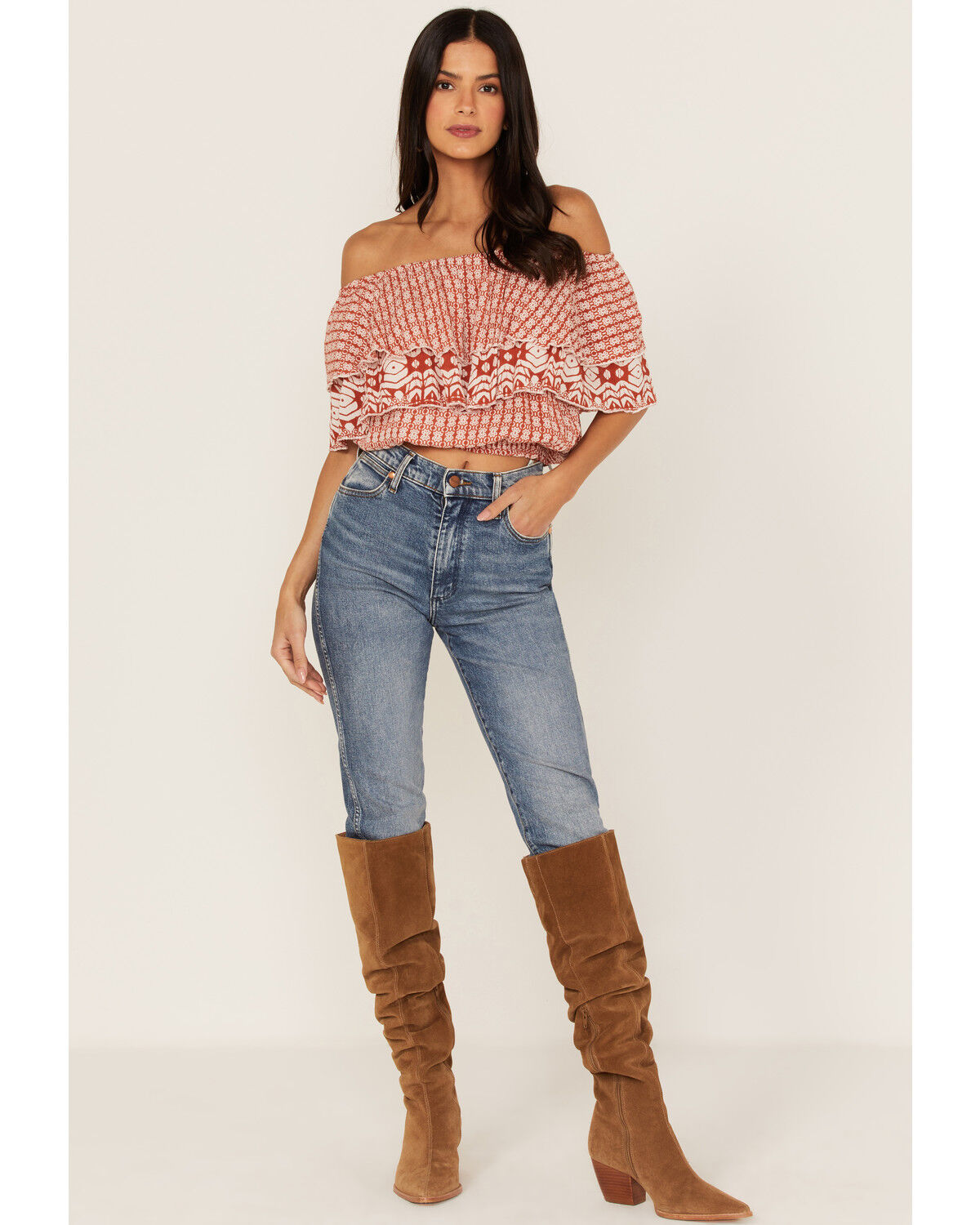 Image #2 - Talisman Women's Road Trip Print Ruffle Off-Shoulder Cropped Top, Red, hi-res
