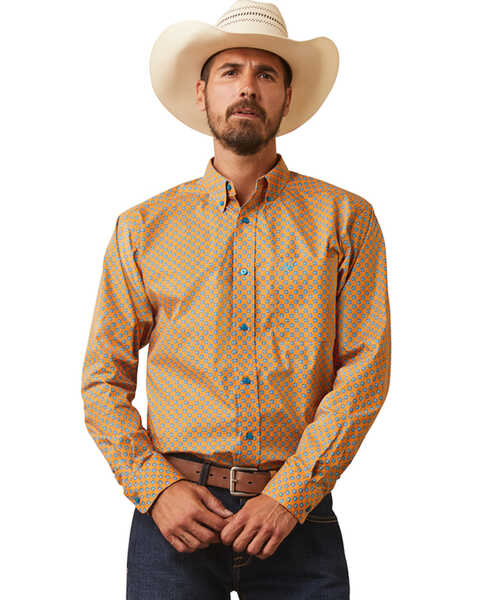 Ariat Men's Kilian Geo Print Fitted Long Sleeve Button-Down Western Shirt , Mustard, hi-res