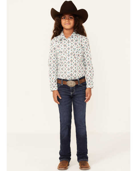 Image #2 - Cruel Girl Girls' Diamond Geo Print Long Sleeve Snap Shirt, Light Blue, hi-res