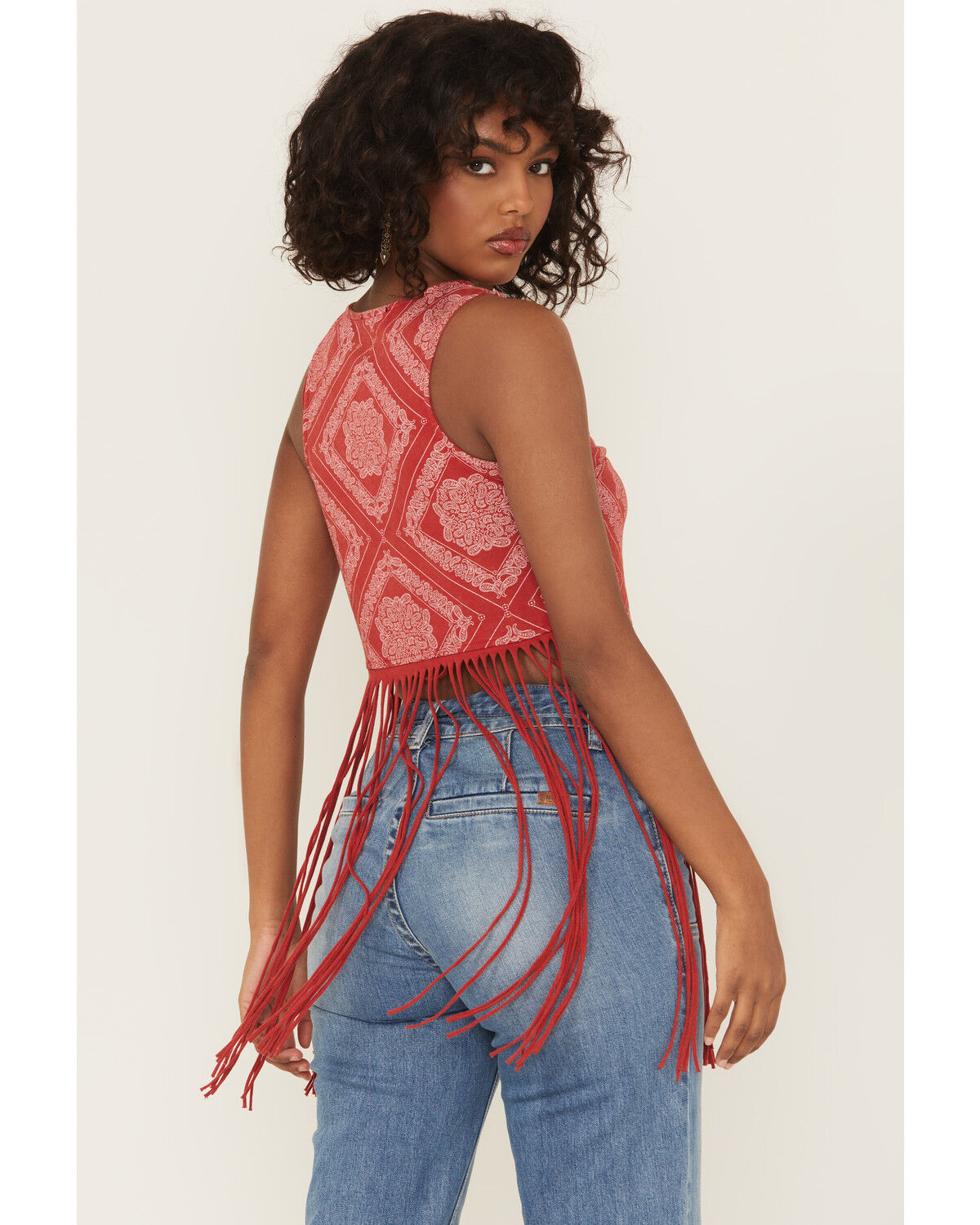 Image #4 - Rock & Roll Denim Women's Bandana Print Fringe Tank Top, Red, hi-res