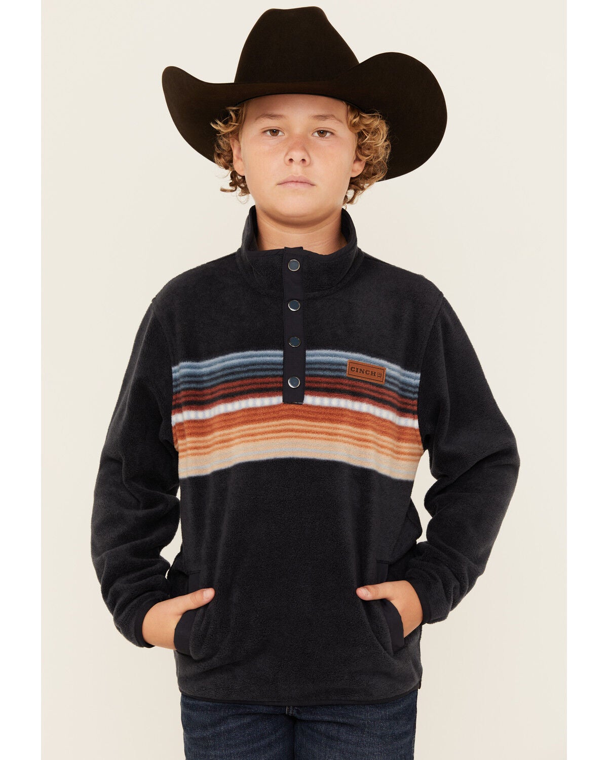 Image #1 - Cinch Boy's Striped Polar Fleece Pullover, Navy, hi-res