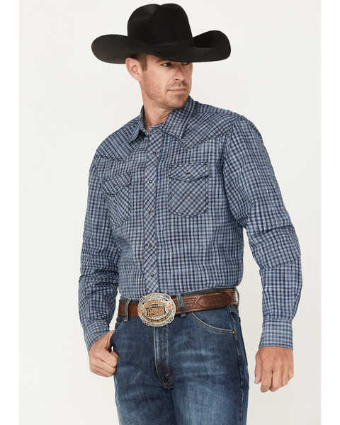 Image #1 - Wrangler Retro Premium Men's Check Plaid Print Long Sleeve Snap Western Shirt , Navy, hi-res