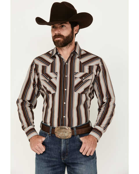 Ely Walker Men's Serape Striped Print Long Sleeve Pearl Snap Western Shirt, Dark Brown, hi-res