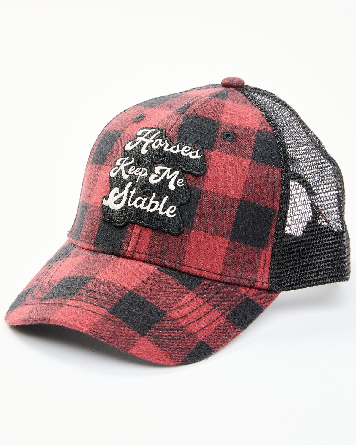 Shyanne Women's Horses Keep Me Stable Buffalo Plaid Mesh-Back Ball Cap, Black/red, hi-res