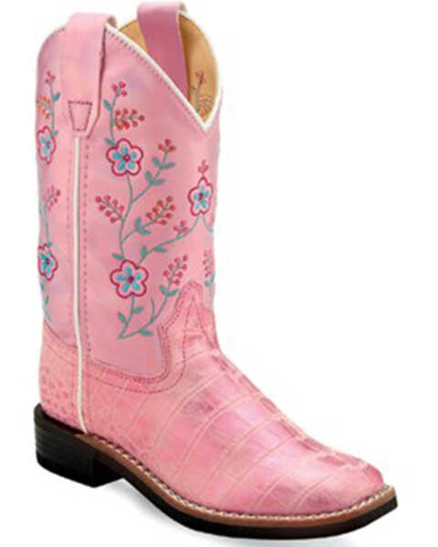 Image #1 - Old West Girls' Crocodile Print Western Boots - Broad Square Toe, Pink, hi-res