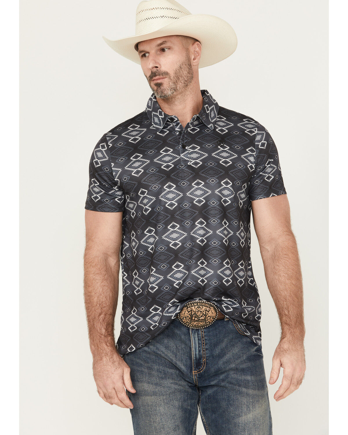 Image #1 - Rock & Roll Denim Men's Southwestern Striped Short Sleeve Button-Down Polo, Black, hi-res