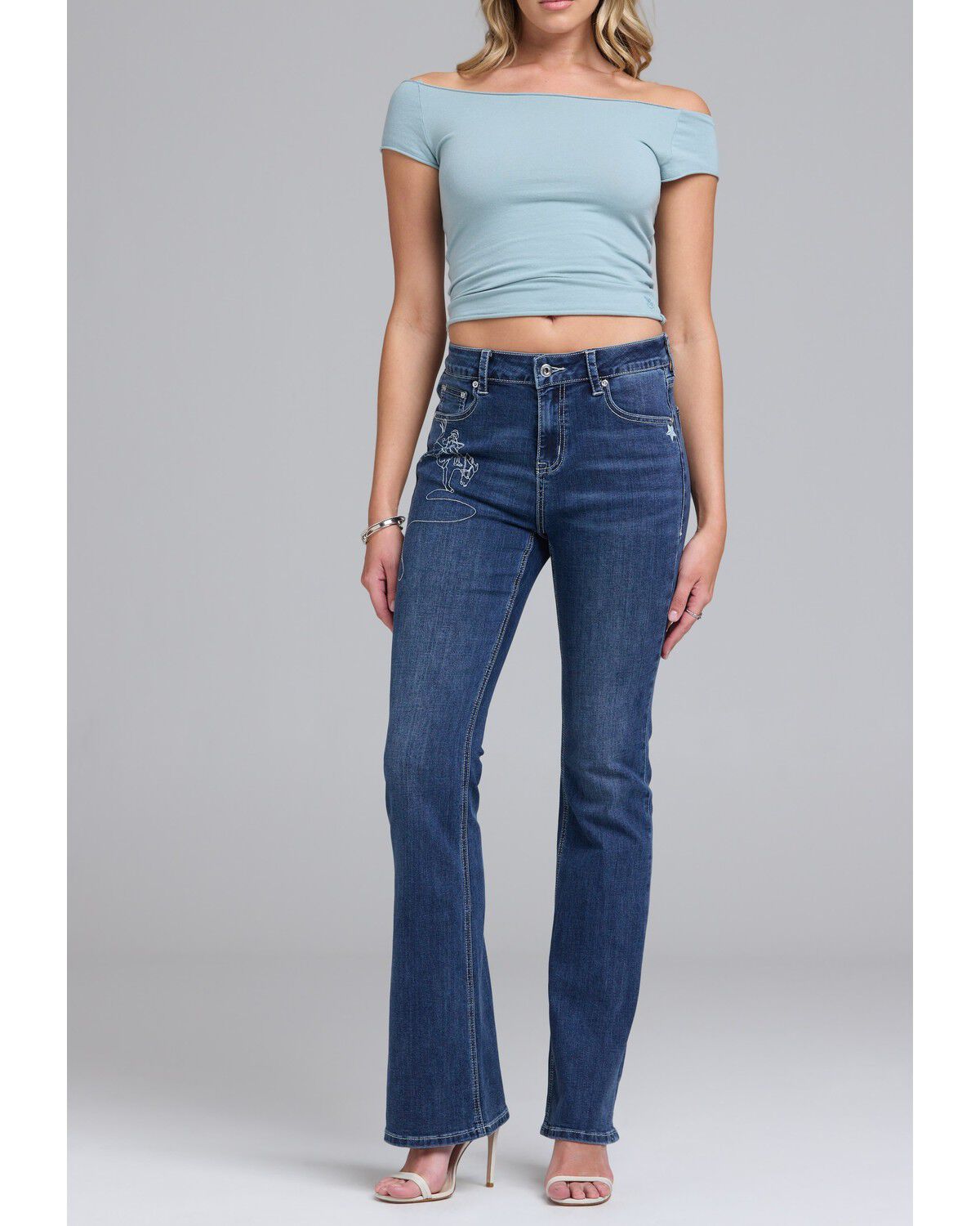 Image #2 - Grace in LA Women's Dark Wash Yeehaw Pocket Flare Stretch Denim Jeans, Dark Wash, hi-res