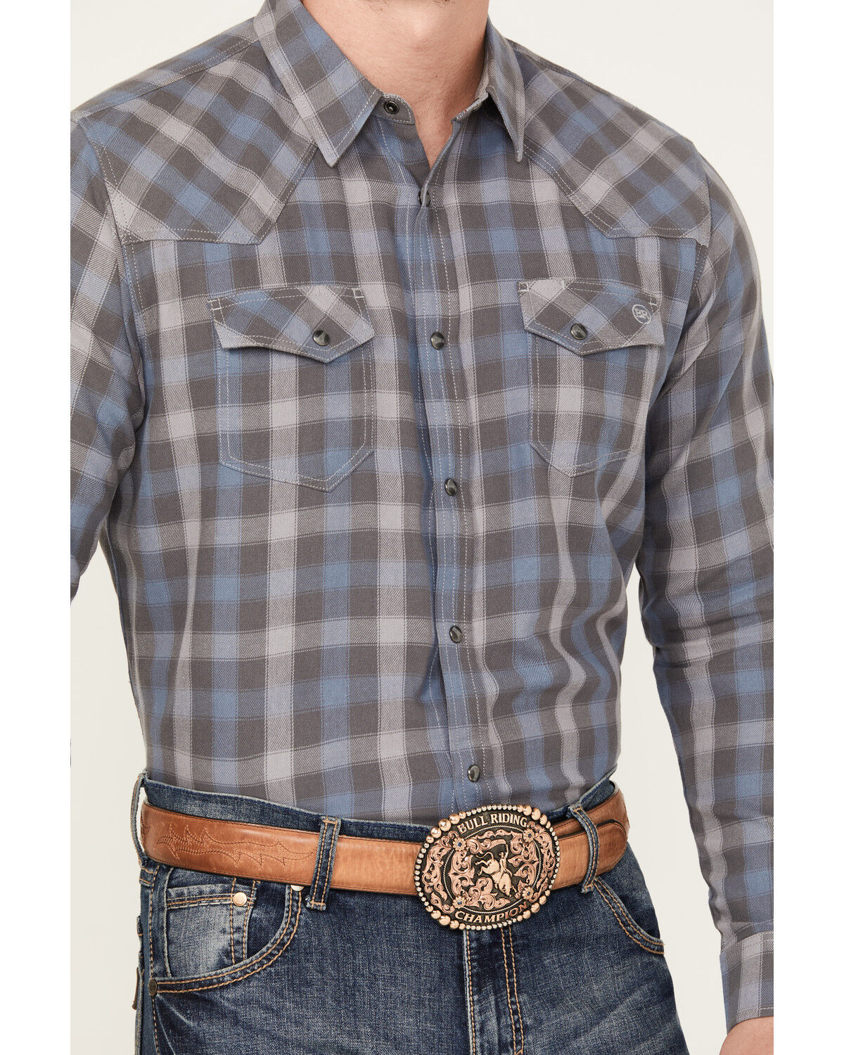 Image #3 - Blue Ranchwear Men's Eastland Plaid Print Long Sleeve Snap Shirt, Charcoal, hi-res