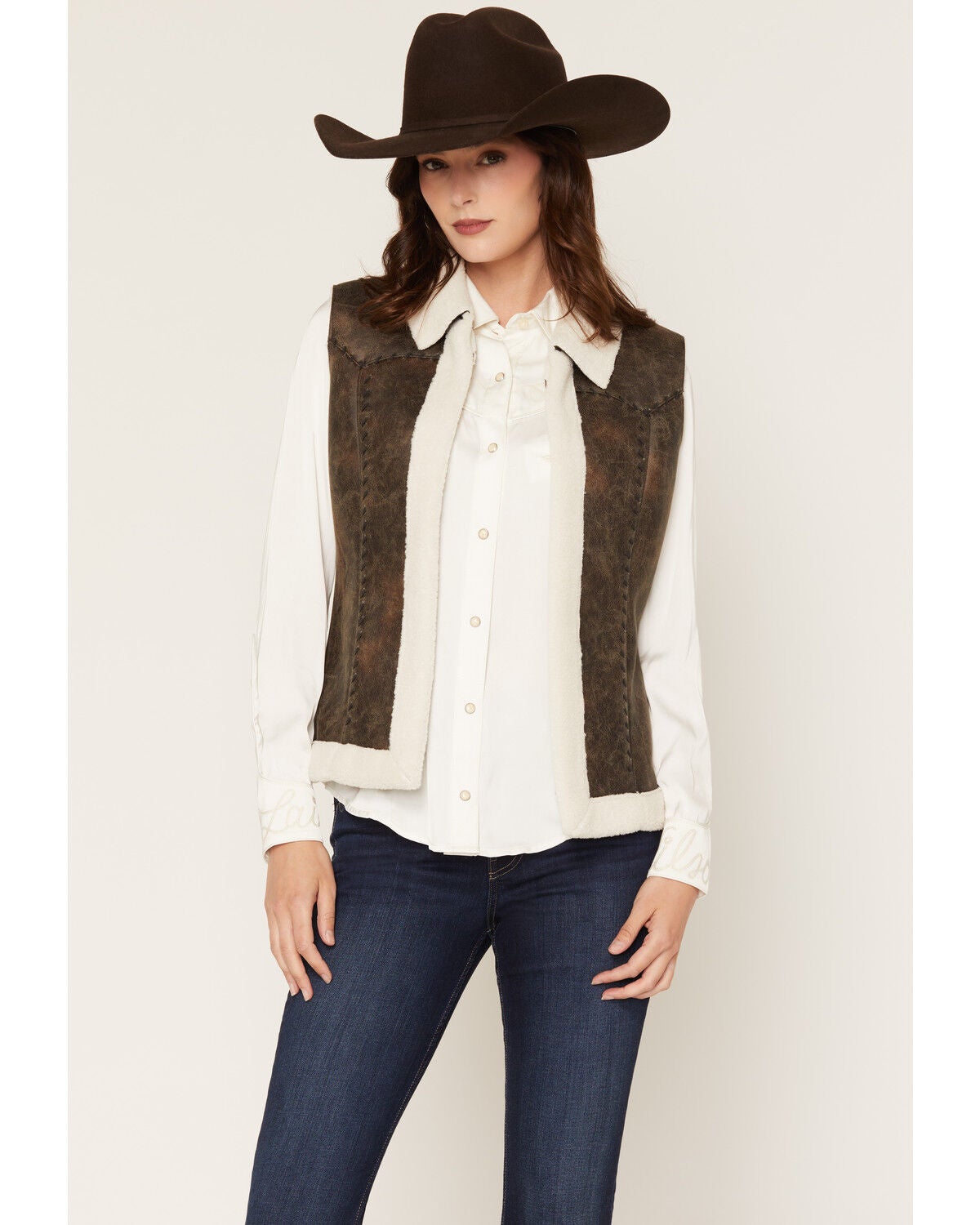 Cripple Creek Women's Faux Suede Shearling Vest, Dark Brown, hi-res