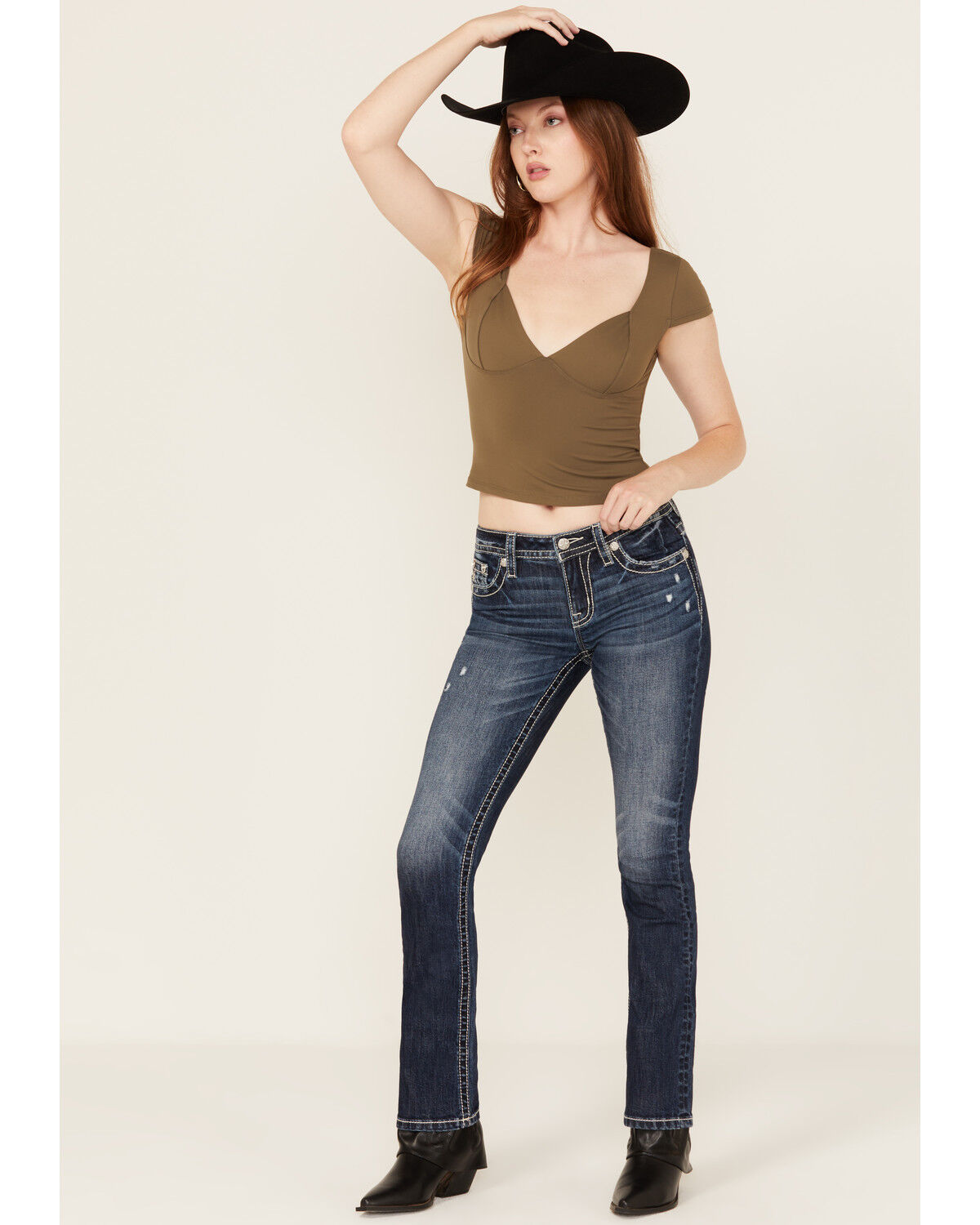 Image #3 - Miss Me Women's Dark Wash Snowflake Embroidered Slim Bootcut Stretch Denim Jeans, Dark Wash, hi-res