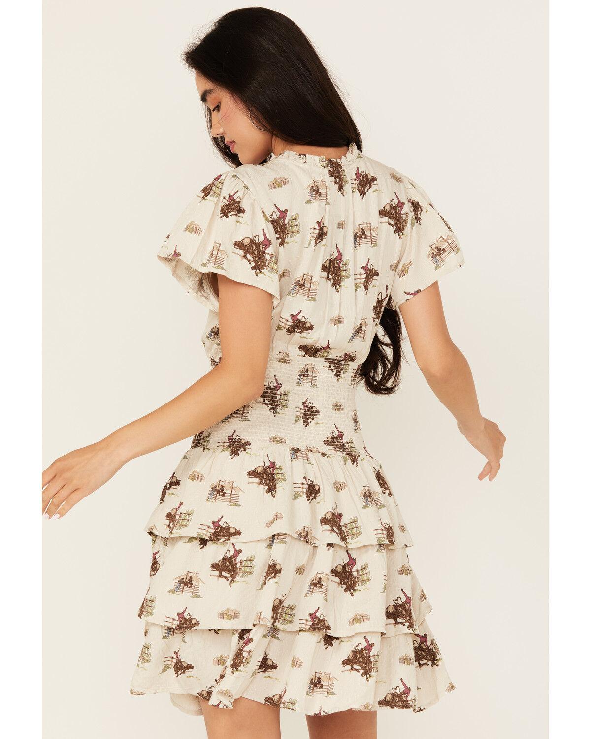 Image #4 - Ariat Women's Stellar Conversational Print Tiered Short Sleeve Mini Dress, Sand, hi-res