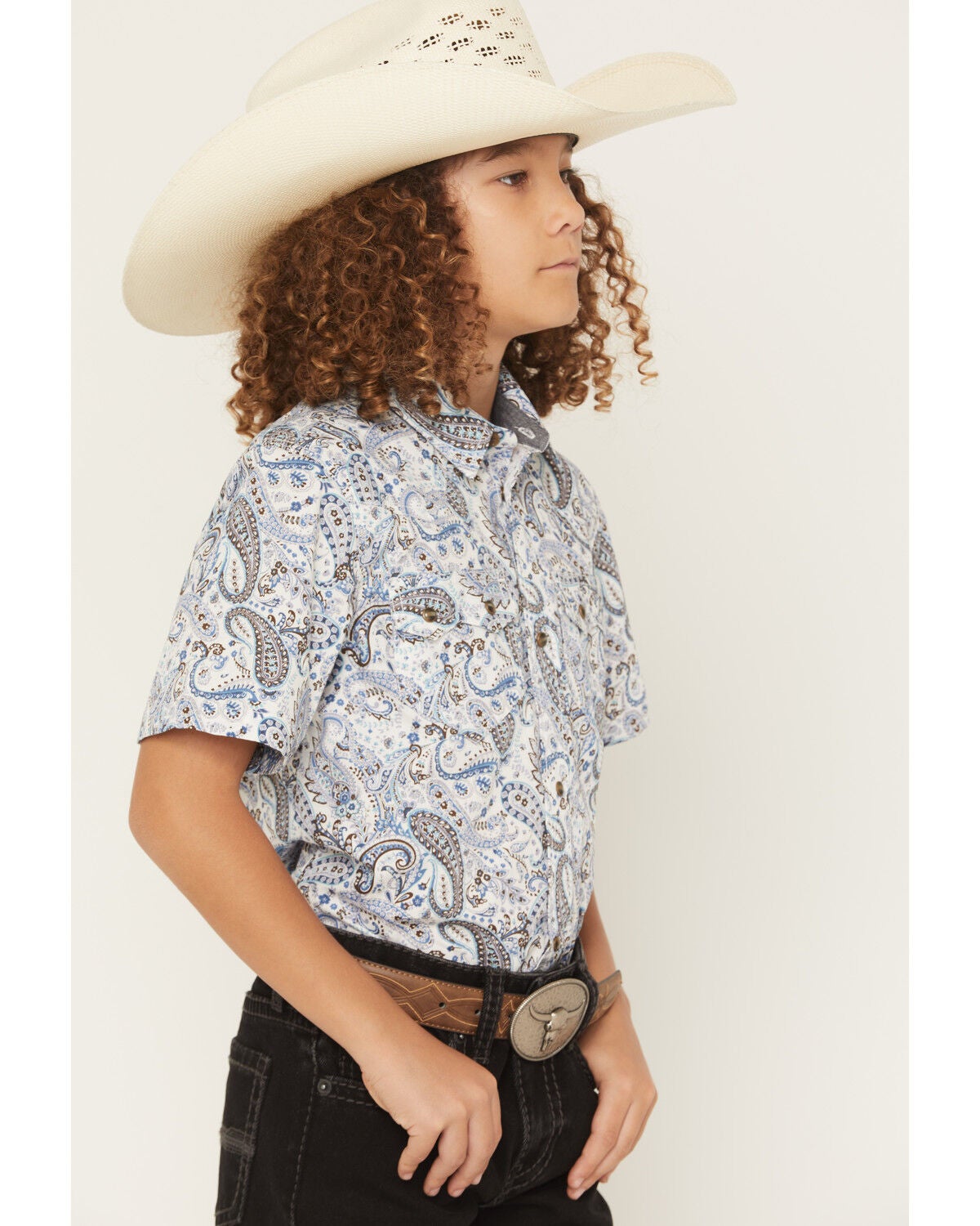 Image #2 - Cody James Boys' Ryder Paisley Print Short Sleeve Snap Western Shirt, Cream, hi-res