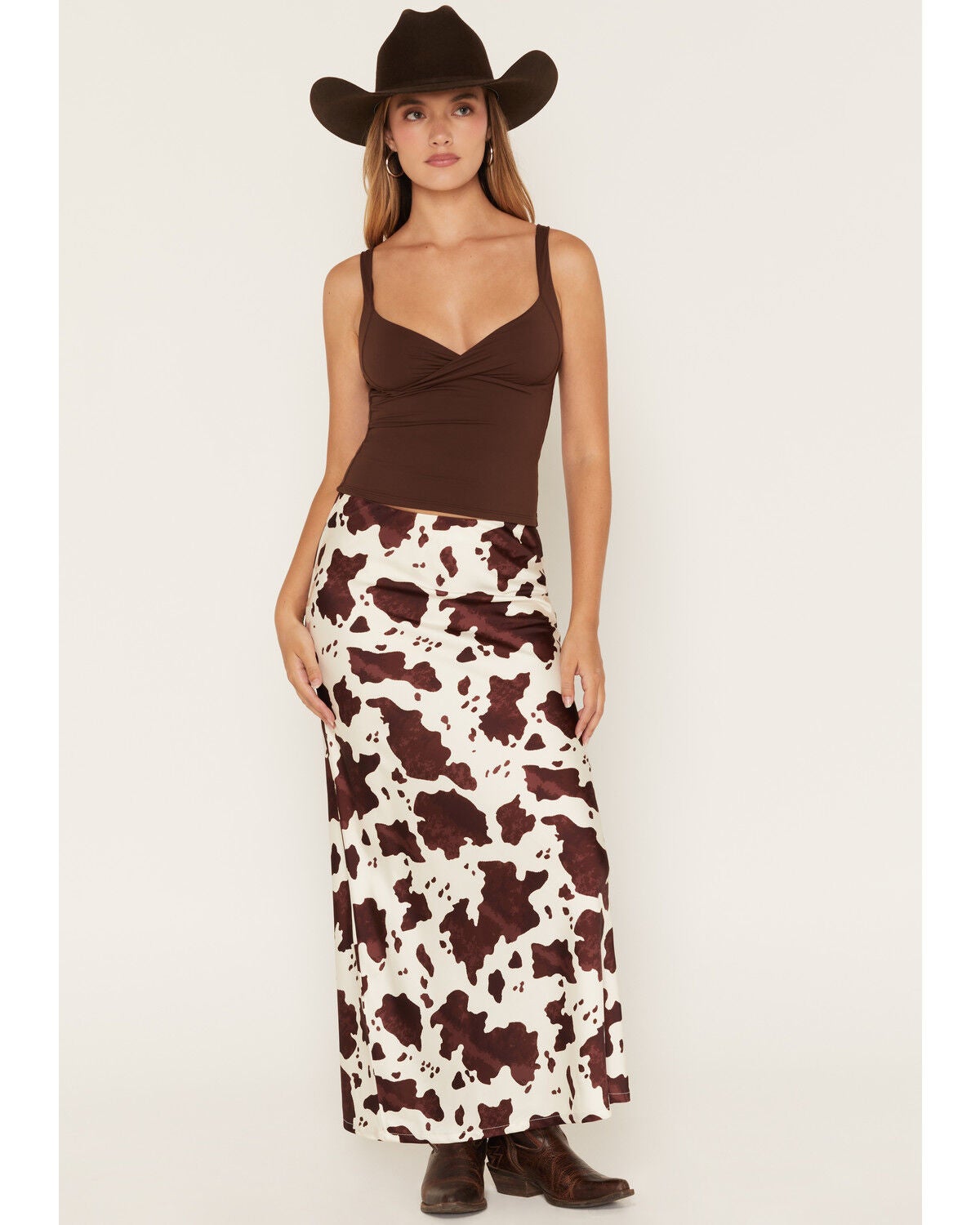 Rock & Roll Denim Women's Satin Cowhide Print Midi Skirt, Natural, hi-res