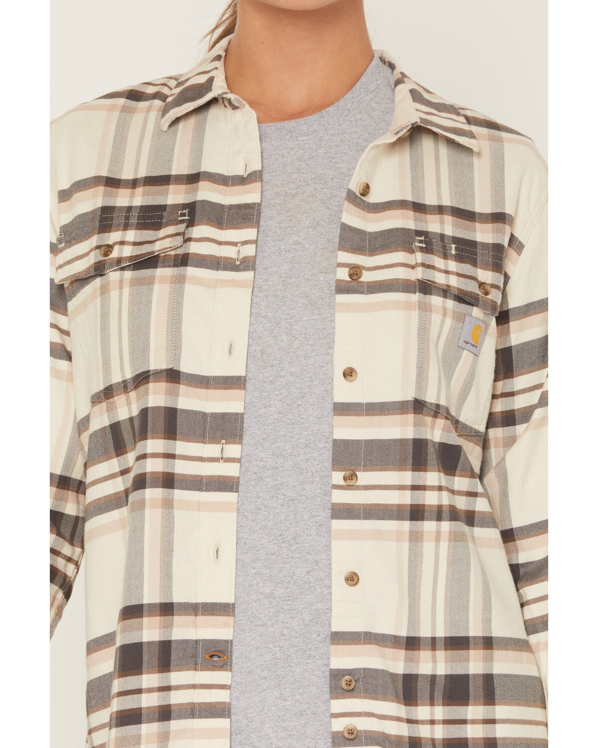 Image #3 - Carhartt Women's TENCEL&trade; Fiber Series Relaxed Fit Plaid Print Long Sleeve Flannel Shirt, Ivory, hi-res