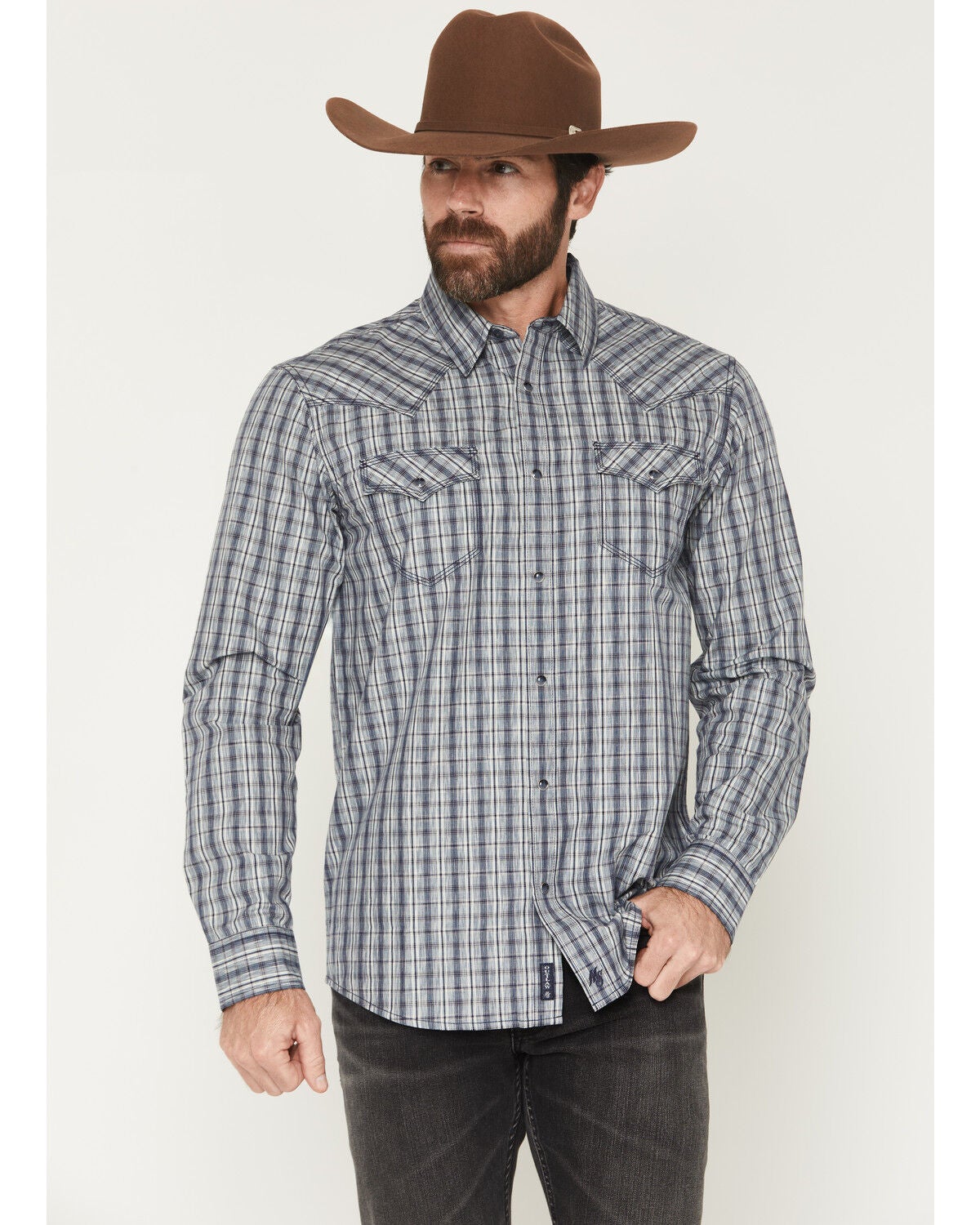 Image #1 - Moonshine Spirit&reg; Men's Pay Day Plaid Print Long Sleeve Snap Western Shirt, Navy, hi-res