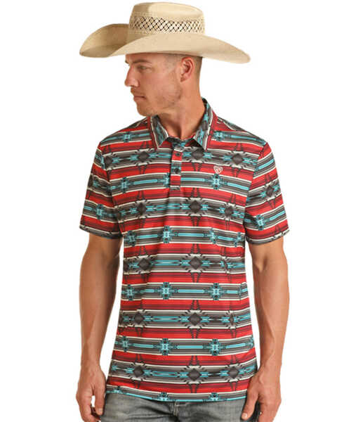 Image #1 - Rock & Roll Denim Men's Southwestern Striped Short Sleeve Stretch Polo Shirt , Red, hi-res