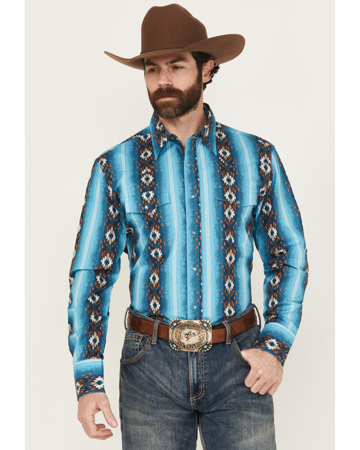 Image #1 - Wrangler Men's Checotah Southwestern Striped Long Sleeve Pearl Snap Western Shirt, Multi, hi-res