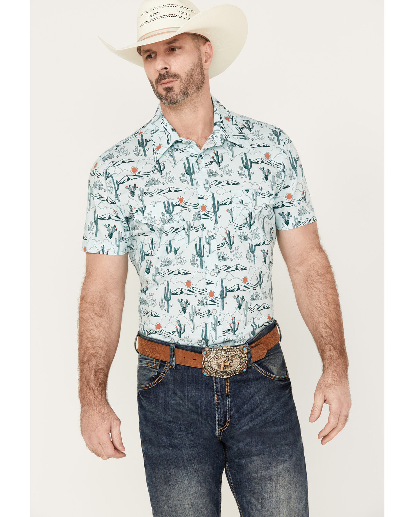 Rock Roll Denim Men s Cactus Short Sleeve Western Pearl Snap Shirt Country Outfitter