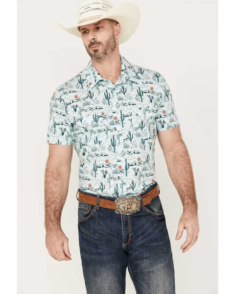 Rock & Roll Denim Men's Cactus Short Sleeve Western Pearl Snap Shirt, Teal, hi-res