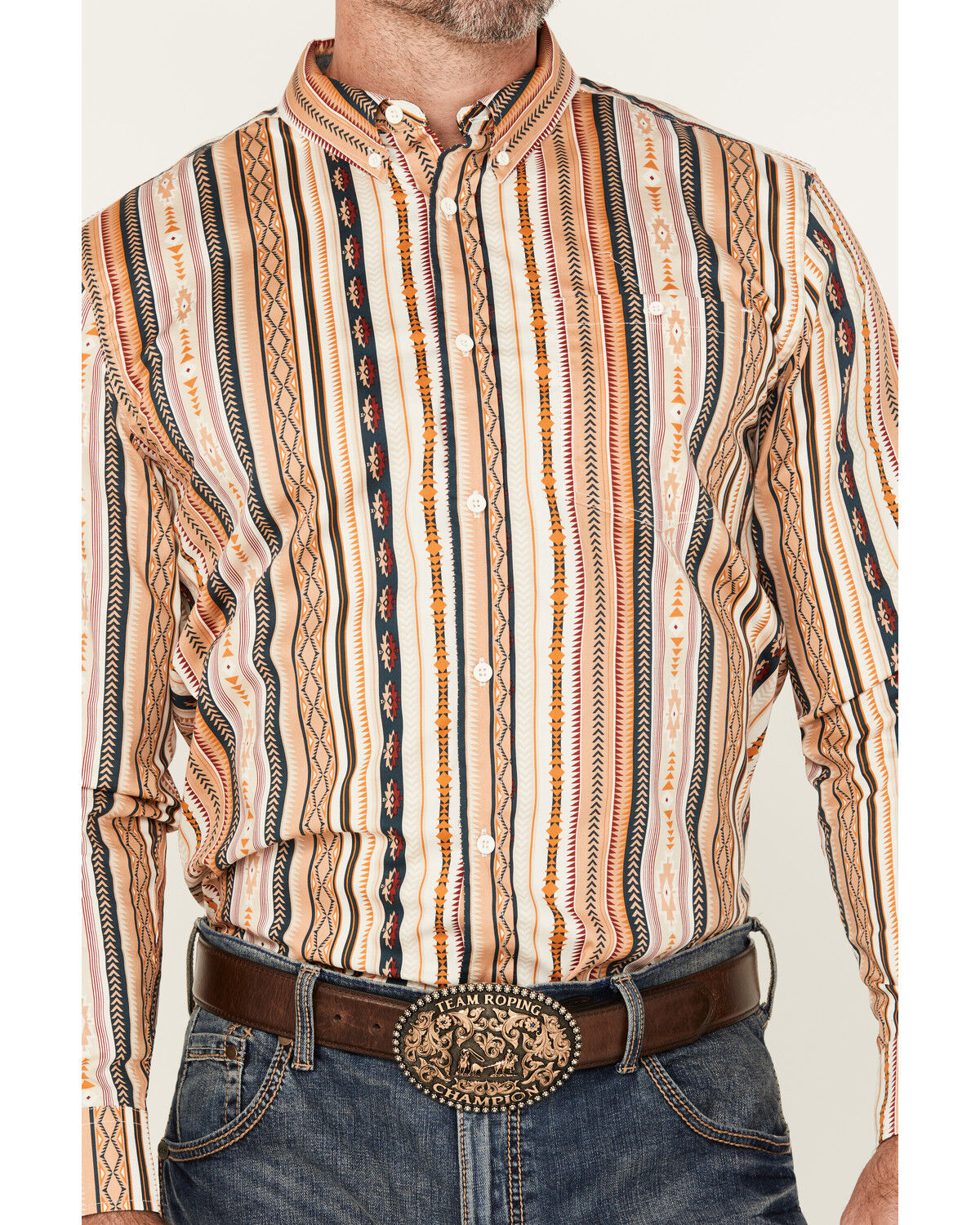 Image #3 - RANK 45® Men's Durango Southwestern Striped Print Long Sleeve Button-Down Stretch Western Shirt, Tan, hi-res