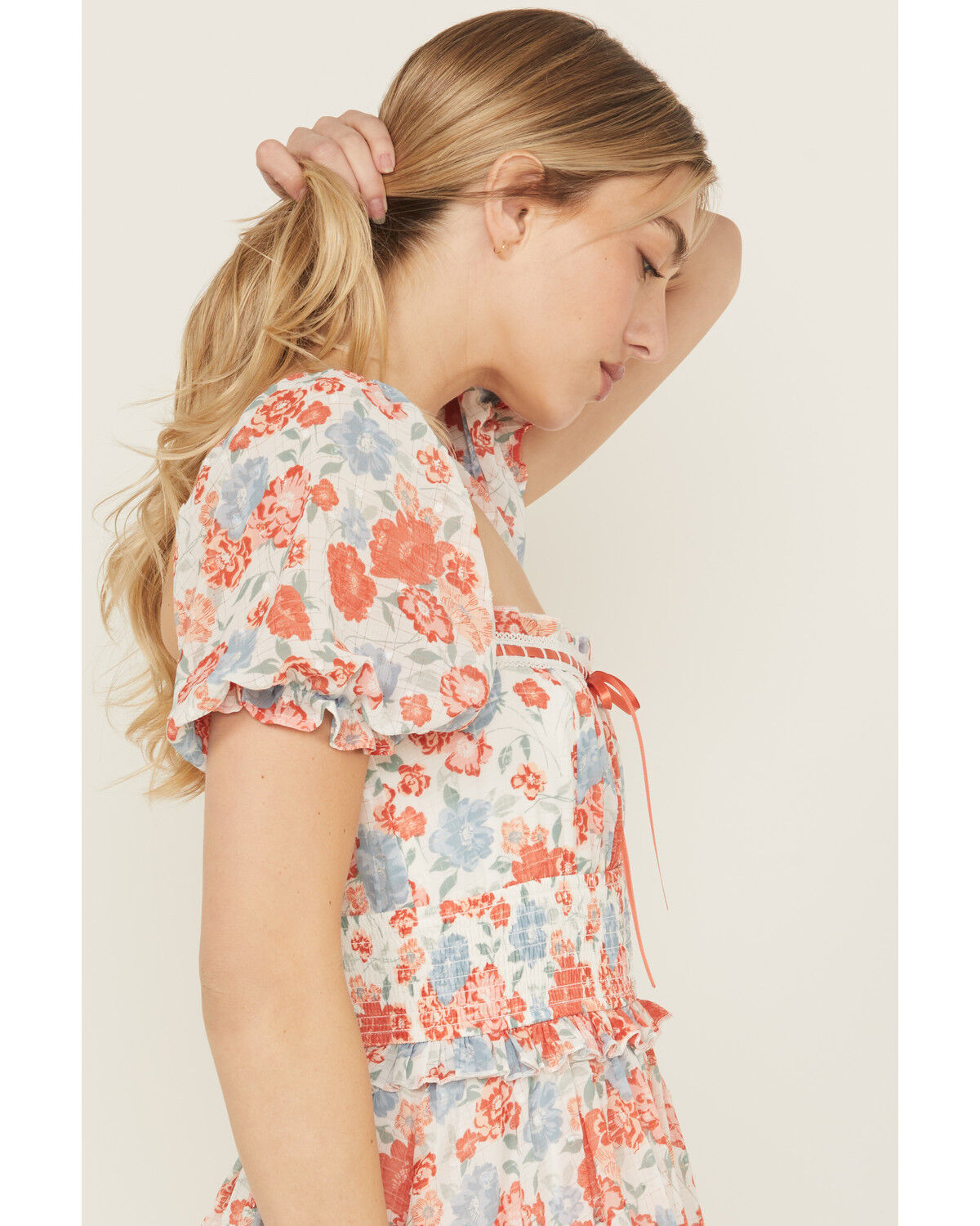 Image #2 - Ash & Violet Women's Floral Print Short Sleeve Lace Trim Mini Dress, Multi, hi-res