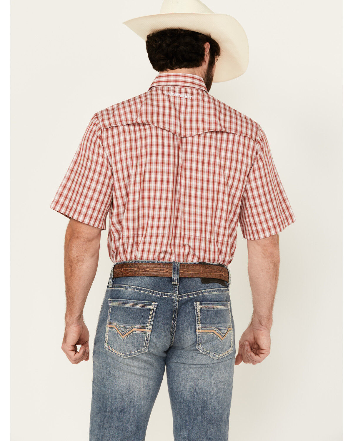 Image #4 - Wrangler Men's Plaid Print Short Sleeve Snap Performance Western Shirt, Red, hi-res
