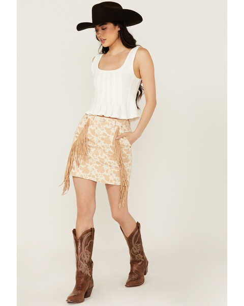 Rock & Roll Denim Women's Cow Print High Rise Tassel Mini Skirt , Tan, hi-res