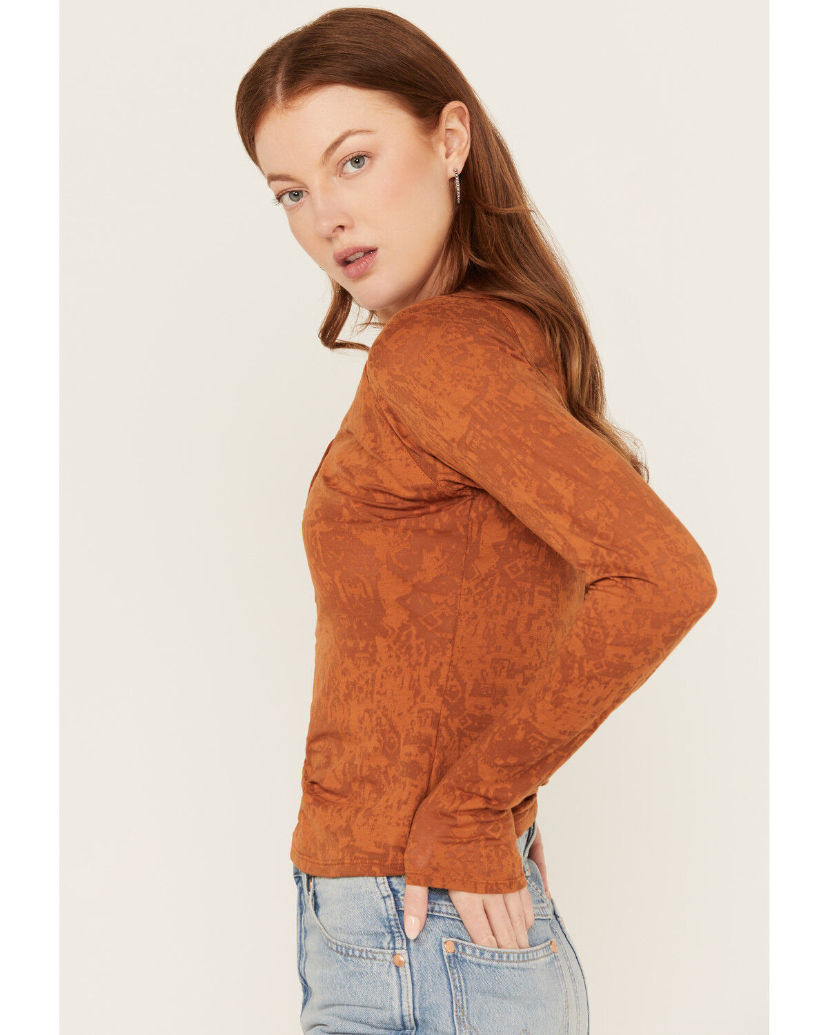 Image #2 - Shyanne Women's Long Sleeve Southwest Burnout Print Henley Shirt, Caramel, hi-res