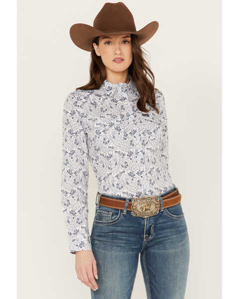 Wrangler Women's Paisley Print Long Sleeve Snap Western Shirt, Blue, hi-res