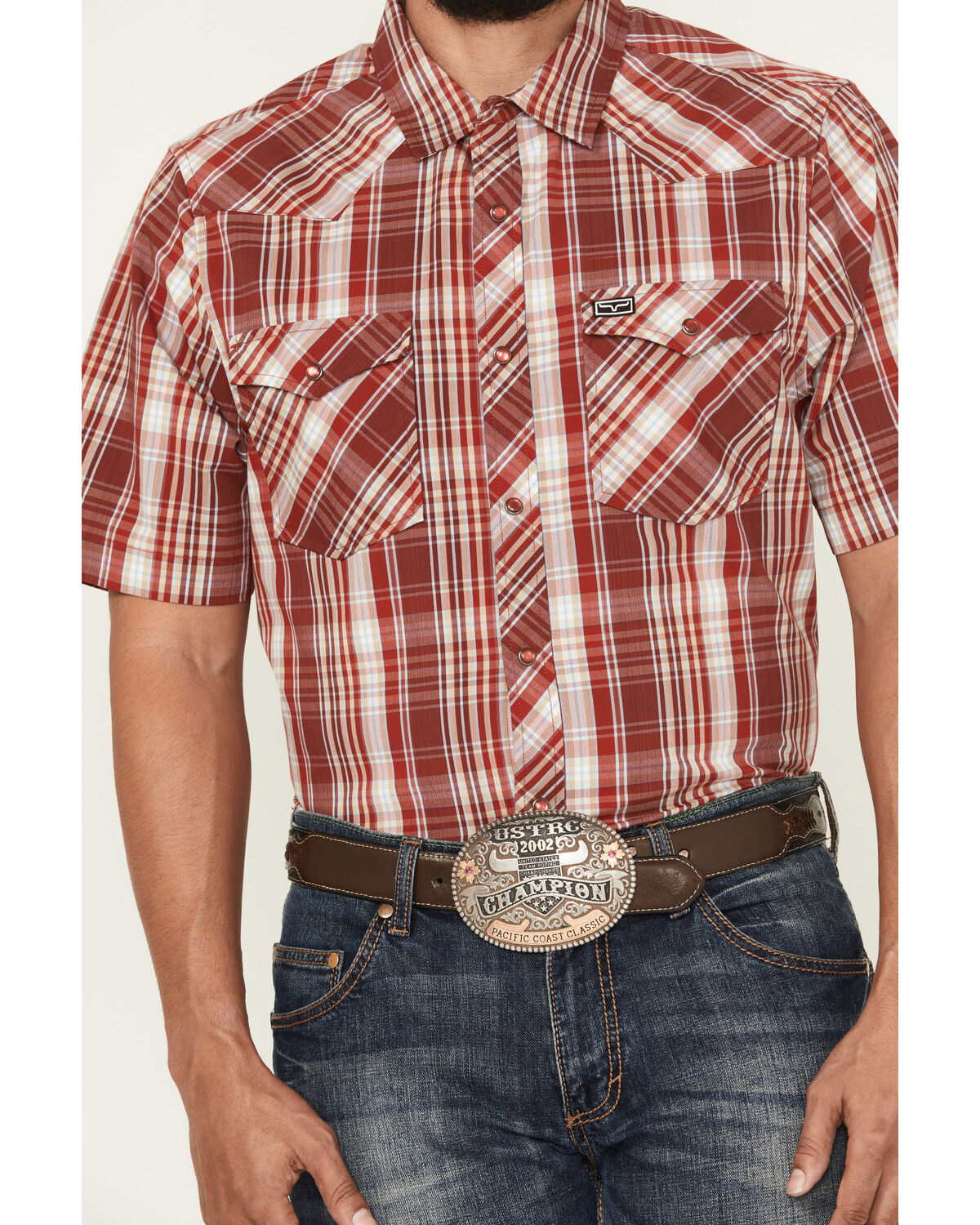 Image #3 - Kimes Ranch Men's Wabasa Plaid Print Short Sleeve Pearl Snap Performance Western Shirt, Red, hi-res