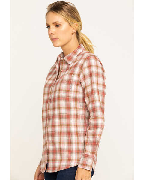 Image #3 - Ariat Women's Boot Barn Exclusive FR Victoria Plaid Print Long Sleeve Work Shirt , Orange, hi-res