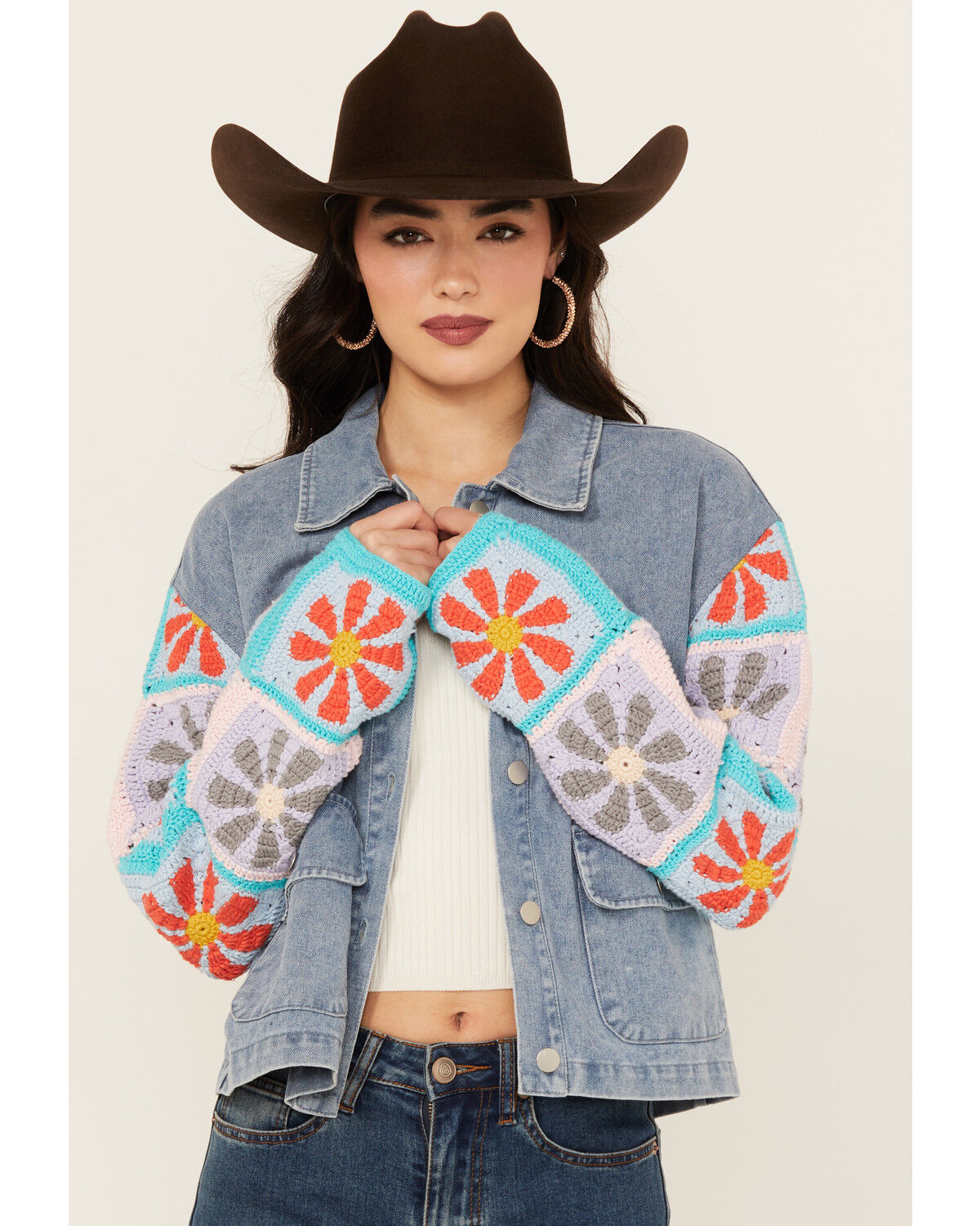 Image #1 - Mystree Women's Crochet Sleeve Medium Wash Denim Jacket, Blue, hi-res