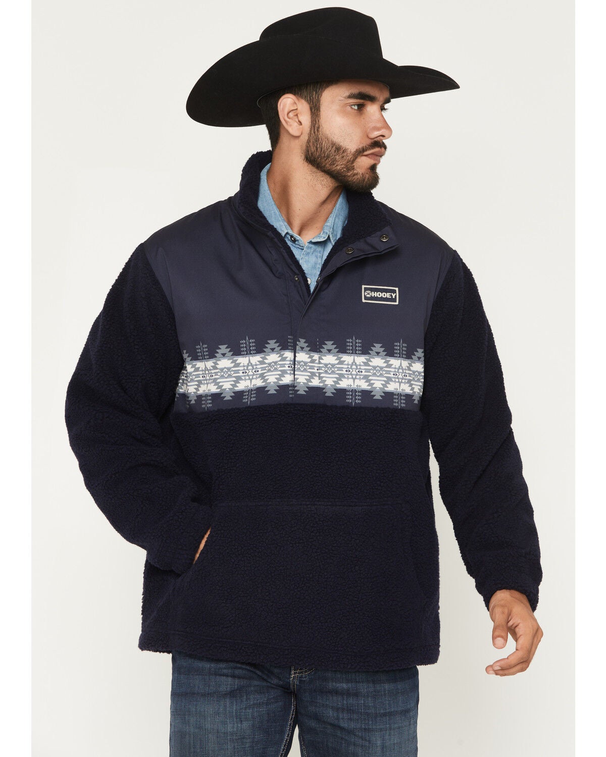 Hooey Men's Brecken Southwestern Sherpa Pullover, Navy, hi-res