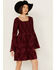 Image #2 - Wild Moss Women's Floral Smocked Tiered Long Sleeve Mini Dress, Wine, hi-res